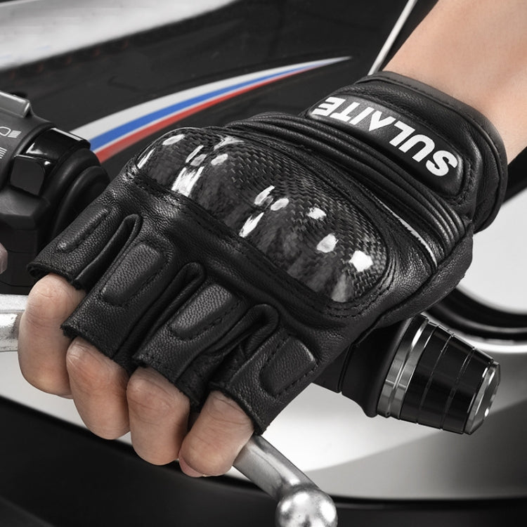 SULAITE Motorcycle Sheepskin Carbon Fiber Breathable Half-finger Riding Gloves, Size: M - Black