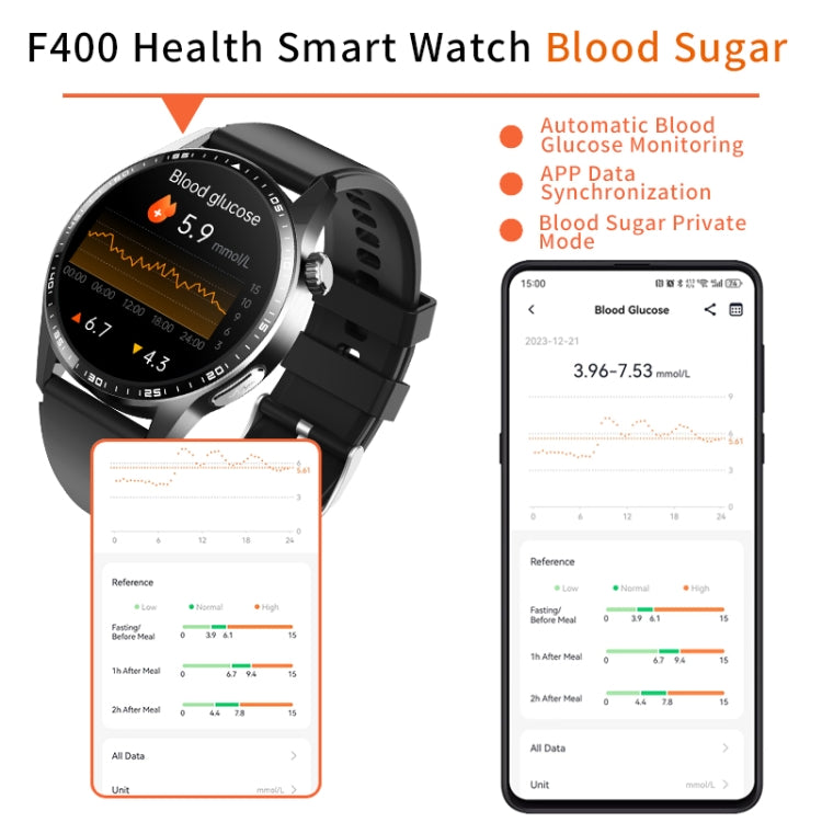 F400  1.55 Inch Screen Smart Watch Support ECG/ Blood Oxygen / Blood Sugar / 150+ Sports Mode, Color: Black Brown Leather