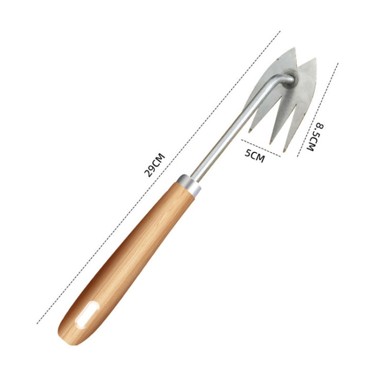 Four-Tooth Dual Purpose Weed Remover Tool Gardening Weed Rake Uprooting Weeding Tool, Length: 29cm V-head Wood Handle