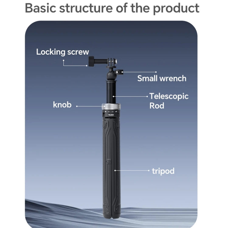 TELESIN 360 Degree Rotation 1.5m Selfie Stick Foldable Tripod For GoPro Hero / Insta360 /  DJI Osmo Action - Black