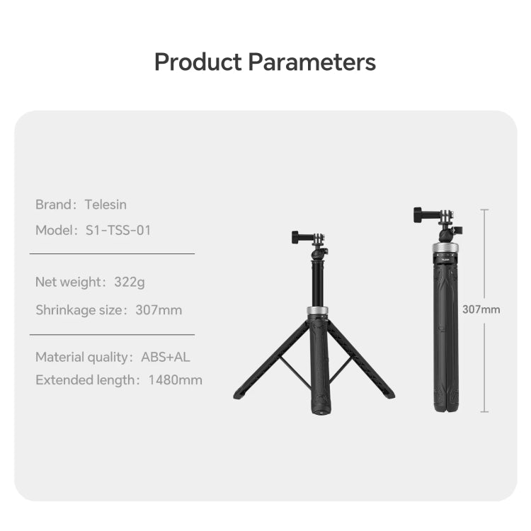 TELESIN 360 Degree Rotation 1.5m Selfie Stick Foldable Tripod For GoPro Hero / Insta360 /  DJI Osmo Action - Black