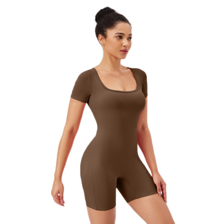 Women Square Neck Tight Quick-drying Yoga Short-sleeved Jumpsuit, Size: L