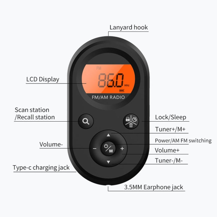 M01 Mini Portable Rechargeable FM / AM Radio With Backlight - Black
