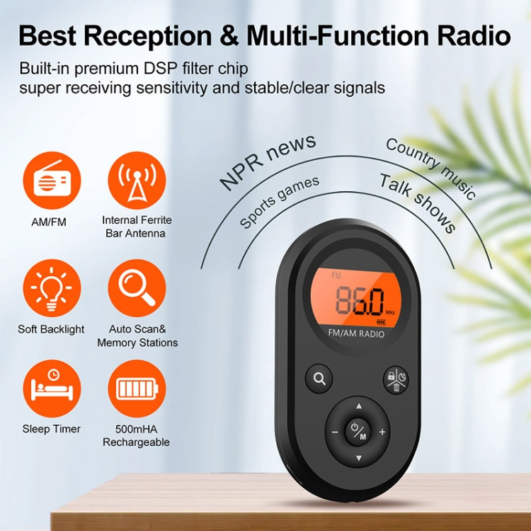 M01 Mini Portable Rechargeable FM / AM Radio With Backlight - Black