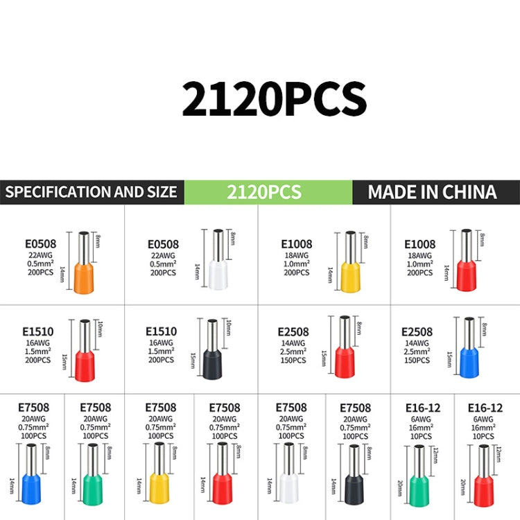 2120pcs /Set 0.5-16MM European Style Tube Type Wiring Cold Press Terminal Set - Terminal Box Package