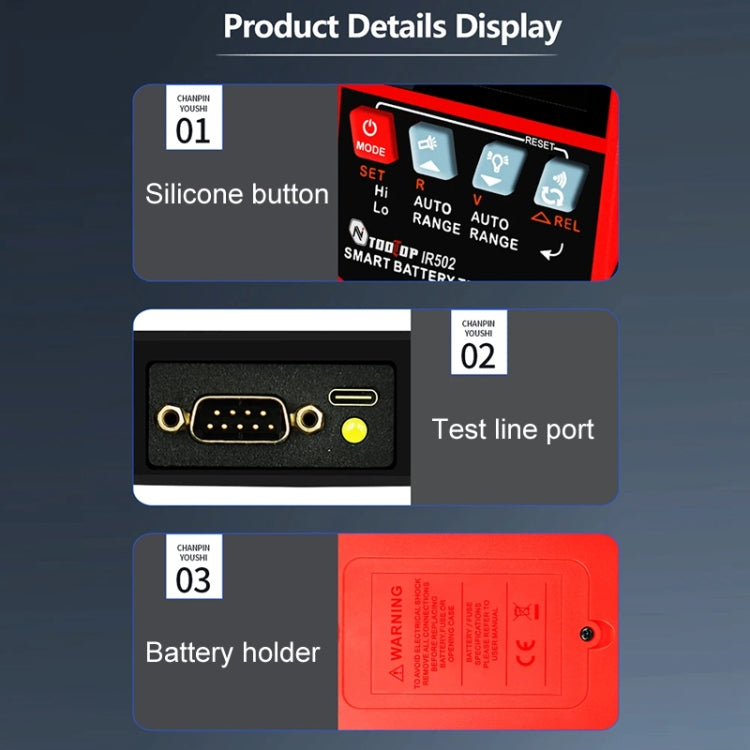 Battery Internal Resistance Tester Lead-Acid Alkaline Lithium Battery Tester, Model: IR502