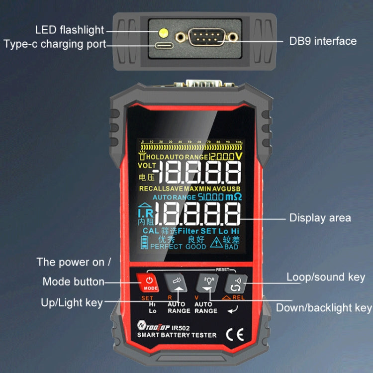Battery Internal Resistance Tester Lead-Acid Alkaline Lithium Battery Tester, Model: IR502