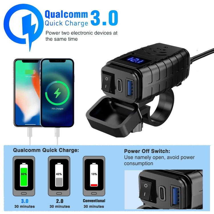 PD3.0 Motorcycle USB Mobile Phone Charger Digital Voltage Meter with Switch