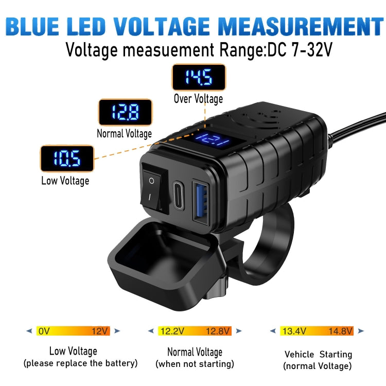 PD3.0 Motorcycle USB Mobile Phone Charger Digital Voltage Meter with Switch