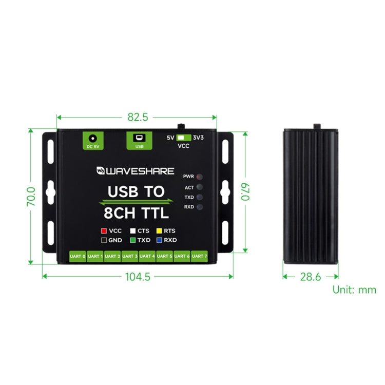 Waveshare 27076 Industrial USB TO TTL UART Serial Communication Module Converter - USB TO 8CH TTL
