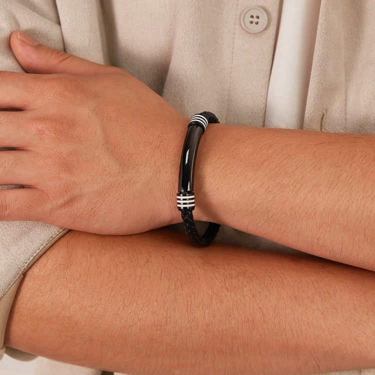 OPK PH1586 Simple Men Leather Bracelet Stainless Steel Magnetic Insert Buckle Bracelet, Color: Black