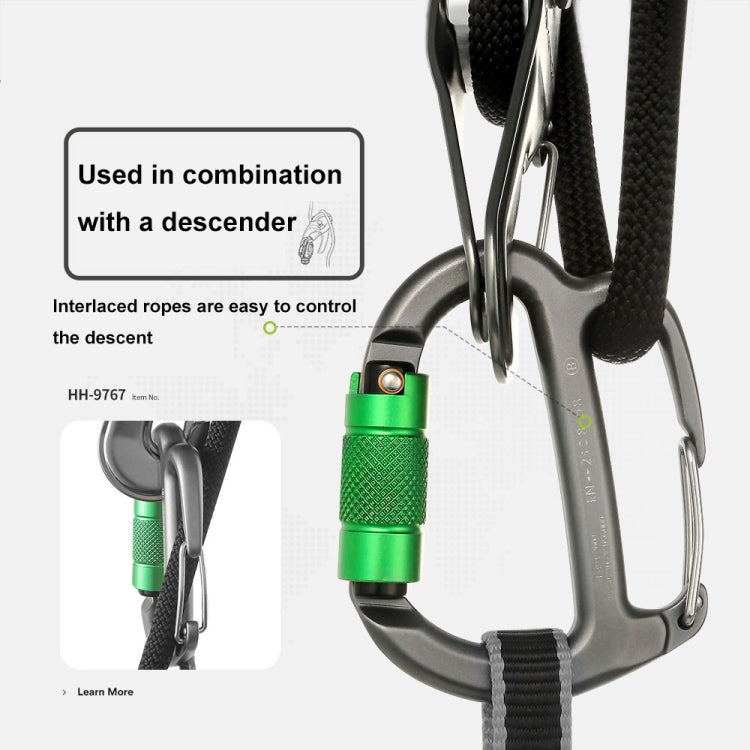 XINDA HH-9767 H-type Climbing Rappelling Friction Lock Descenders Safety Buckle Lock - Gray+Green Nut