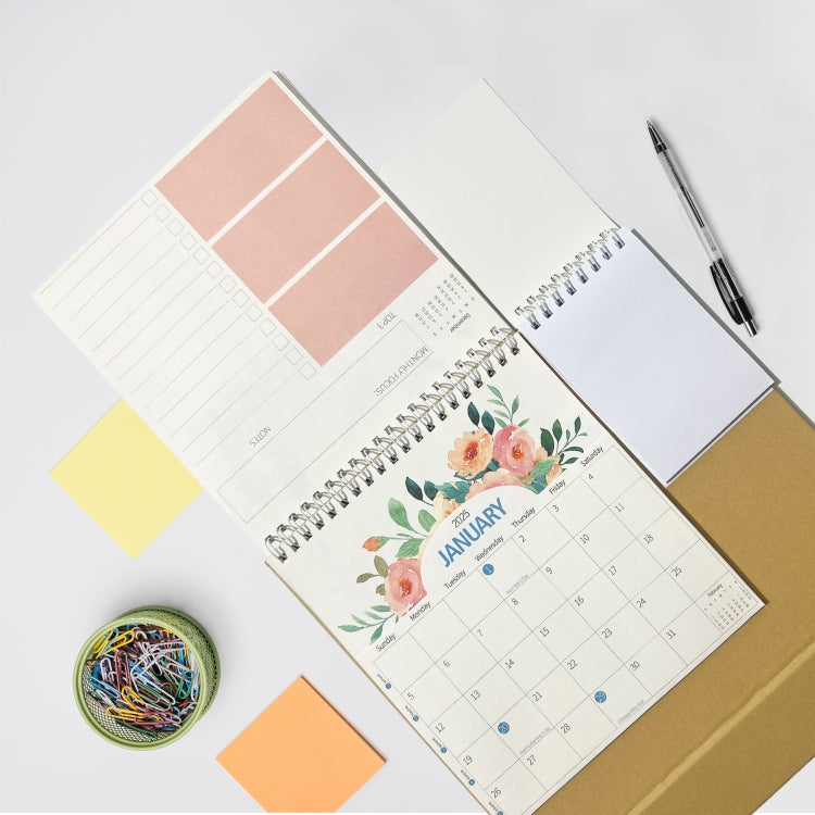 January 2025 To December 2025 English Desk Calendar With Storage Pocket, Label, Memo