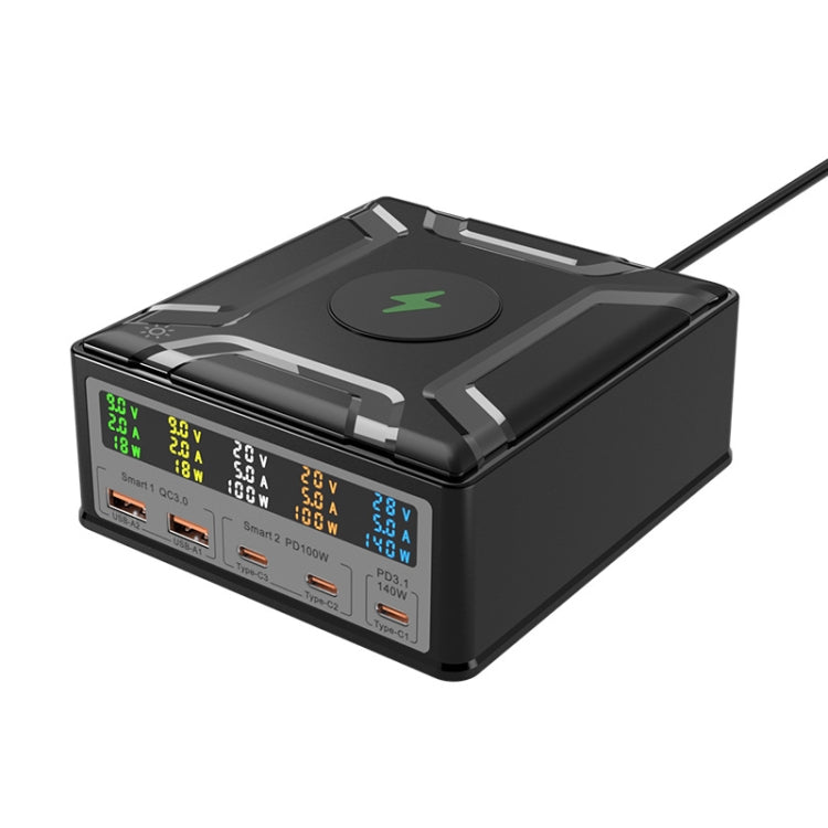 868D 6-In-1 260W High-Power Type-C+USB Multi Ports Charger Supports QI Wireless Charging