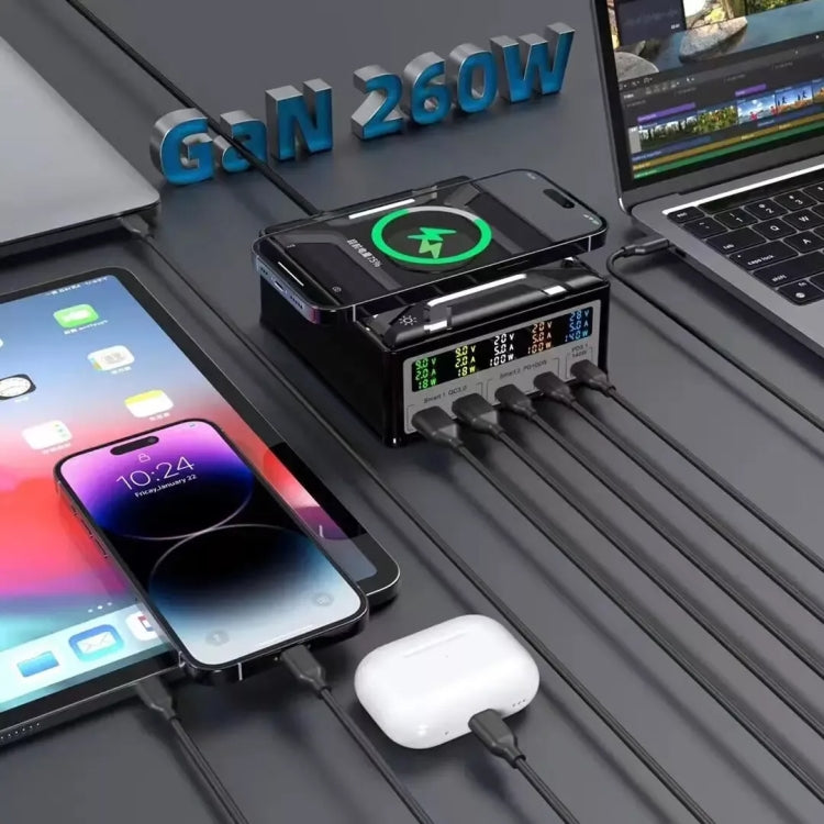 868D 6-In-1 260W High-Power Type-C+USB Multi Ports Charger Supports QI Wireless Charging