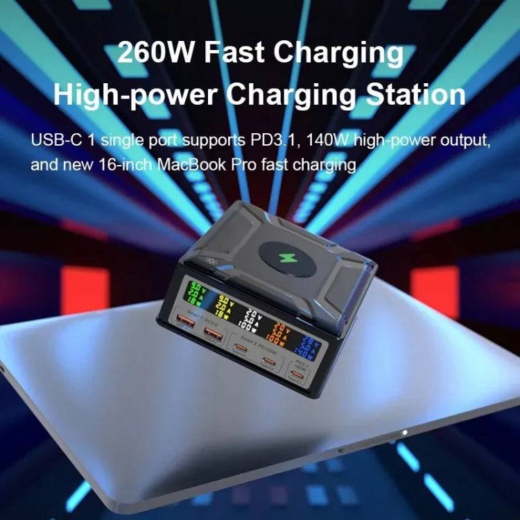 868D 6-In-1 260W High-Power Type-C+USB Multi Ports Charger Supports QI Wireless Charging