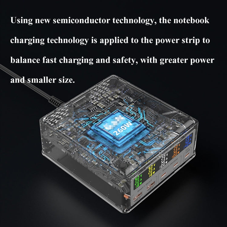 868D 6-In-1 260W High-Power Type-C+USB Multi Ports Charger Supports QI Wireless Charging