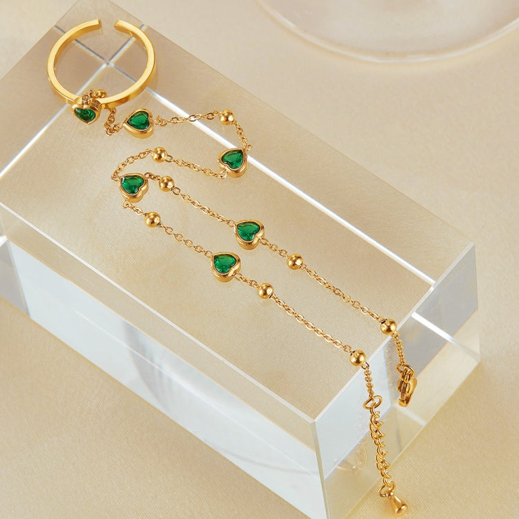 OPK GS1558 2 In 1 Emerald Heart Zirconia Stainless Steel Ring Bracelet