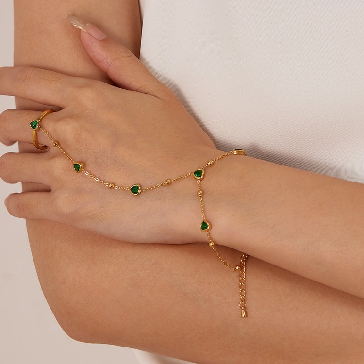 OPK GS1558 2 In 1 Emerald Heart Zirconia Stainless Steel Ring Bracelet