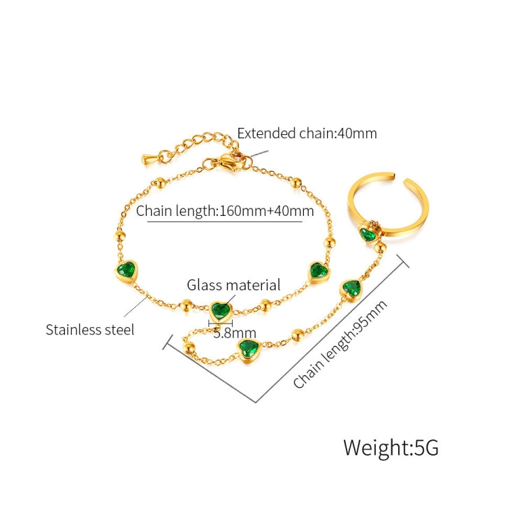 OPK GS1558 2 In 1 Emerald Heart Zirconia Stainless Steel Ring Bracelet