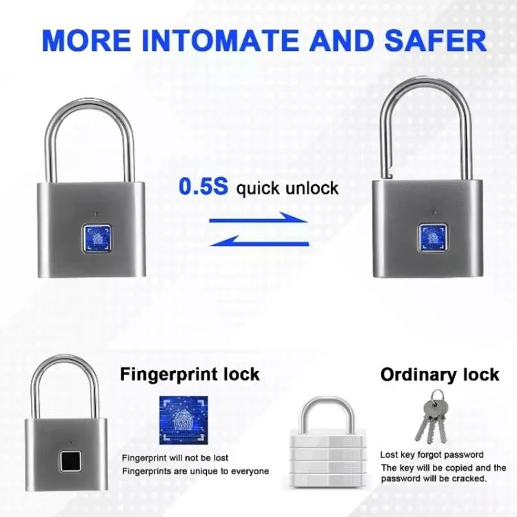 Smart Fingerprint Rechargeable Padlock Waterproof Morse Code Emergency Unlocking - Matte Silver
