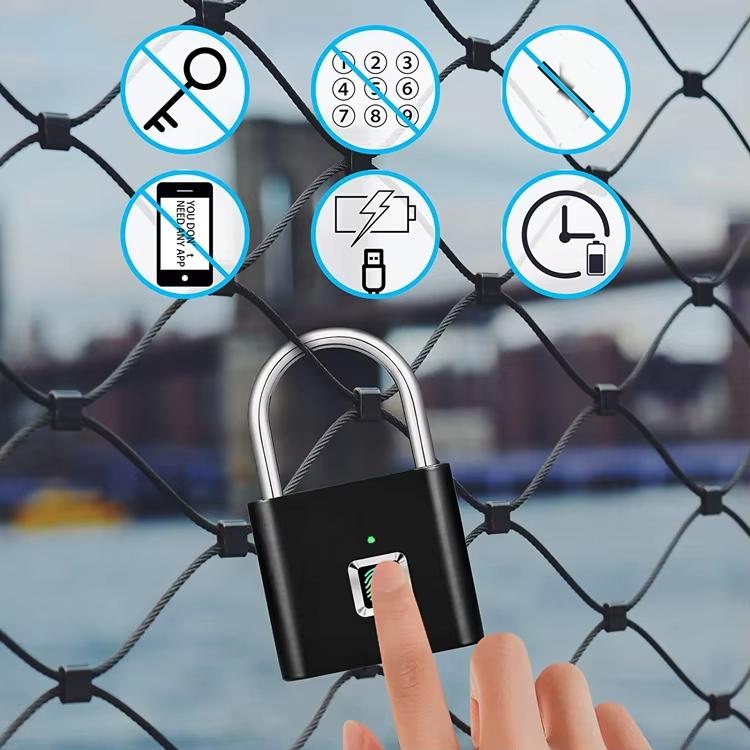 Smart Fingerprint Rechargeable Padlock Waterproof Morse Code Emergency Unlocking - Matte Black