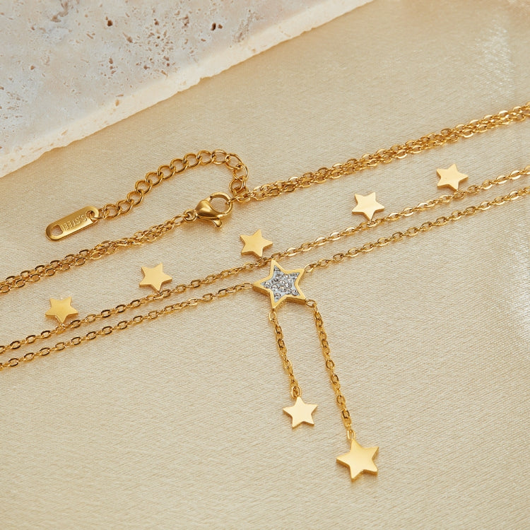 OPK GX2436 Stainless Steel Tassel Pentagram Pendant Stacking Necklace - Gold