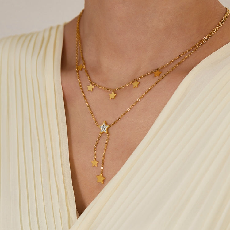 OPK GX2436 Stainless Steel Tassel Pentagram Pendant Stacking Necklace - Gold