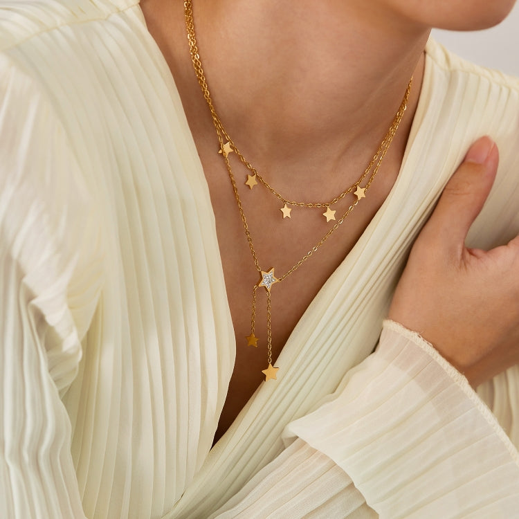 OPK GX2436 Stainless Steel Tassel Pentagram Pendant Stacking Necklace - Gold