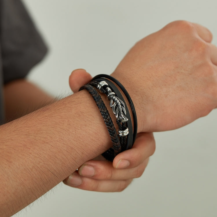 OPK PH1589 Stainless Steel Vintage Multi-Layer Braided Leather Bracelet