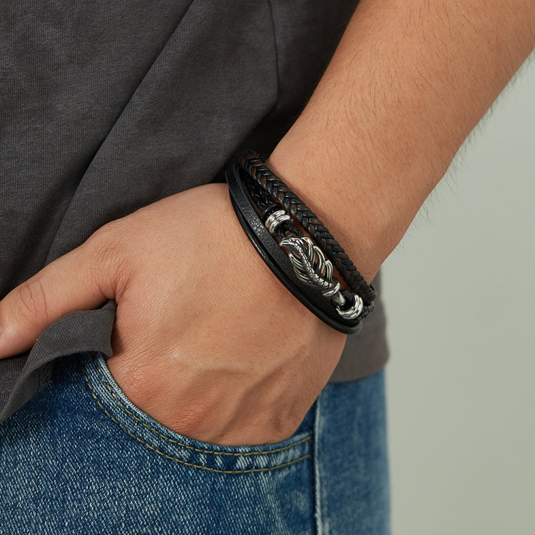 OPK PH1589 Stainless Steel Vintage Multi-Layer Braided Leather Bracelet