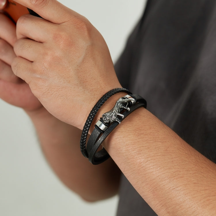 OPK PH1588 Personalized Retro Stainless Steel Lion Accessory Multi-Layer Braided Leather Bracelet