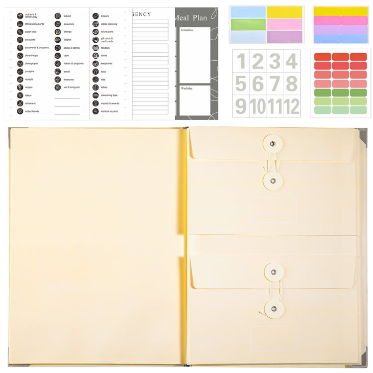 Accordion Document Bag File Folio Used to Record Key Personal Information Or Prepare For Emergencies, Spec: With Colorful Stickers Khaki