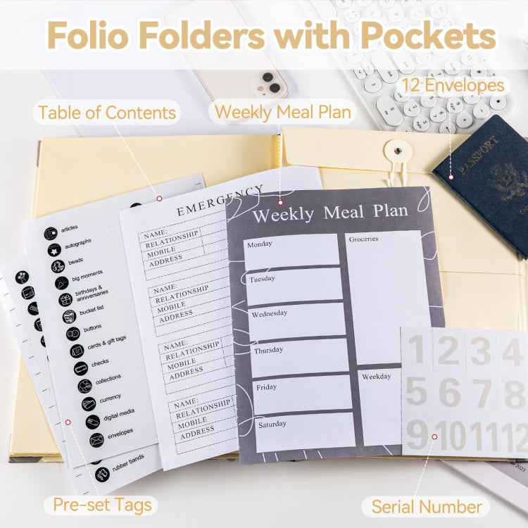 Accordion Document Bag File Folio Used to Record Key Personal Information Or Prepare For Emergencies, Spec: Khaki