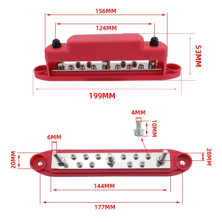 M6 3-post 10-way RV Yacht Short-circuit Proof Base DC Busbar, Color: Black
