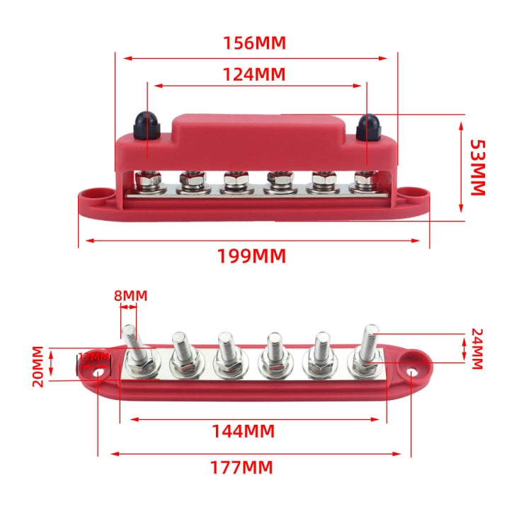 M8 Nylon Base RV Yacht Waterproof Dustproof Cover 6-post Bus Bar, Color: Red With Terminal Heat Shrink Tube