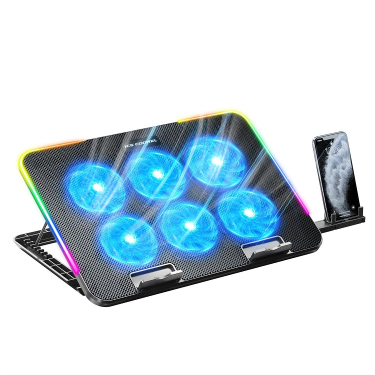 ICE COOREL A9R 6-fans Adjustable Laptop Stand Radiator with RGB Atmosphere Light - Black