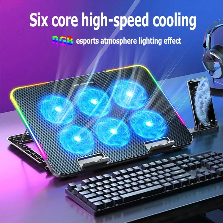 ICE COOREL A9R 6-fans Adjustable Laptop Stand Radiator with RGB Atmosphere Light - Black