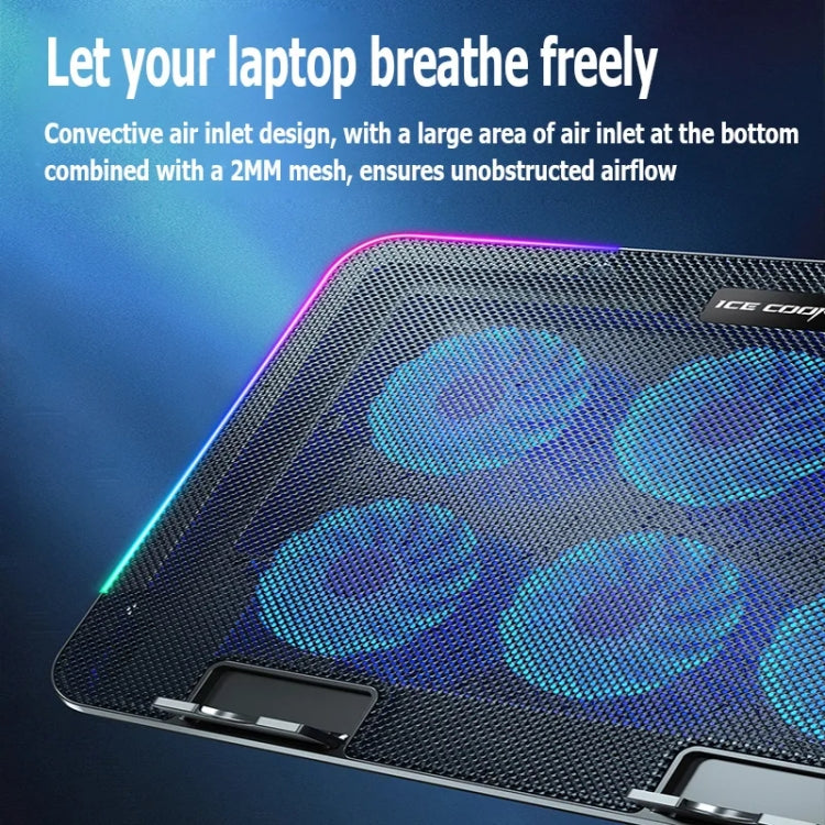 ICE COOREL A9R 6-fans Adjustable Laptop Stand Radiator with RGB Atmosphere Light - Black