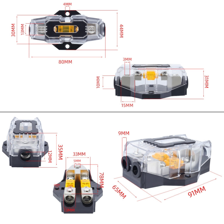 80A Car Audio Amplifier Modified Solid Brass Fuse Holder With Transparent Cover, Specifications: 3-way