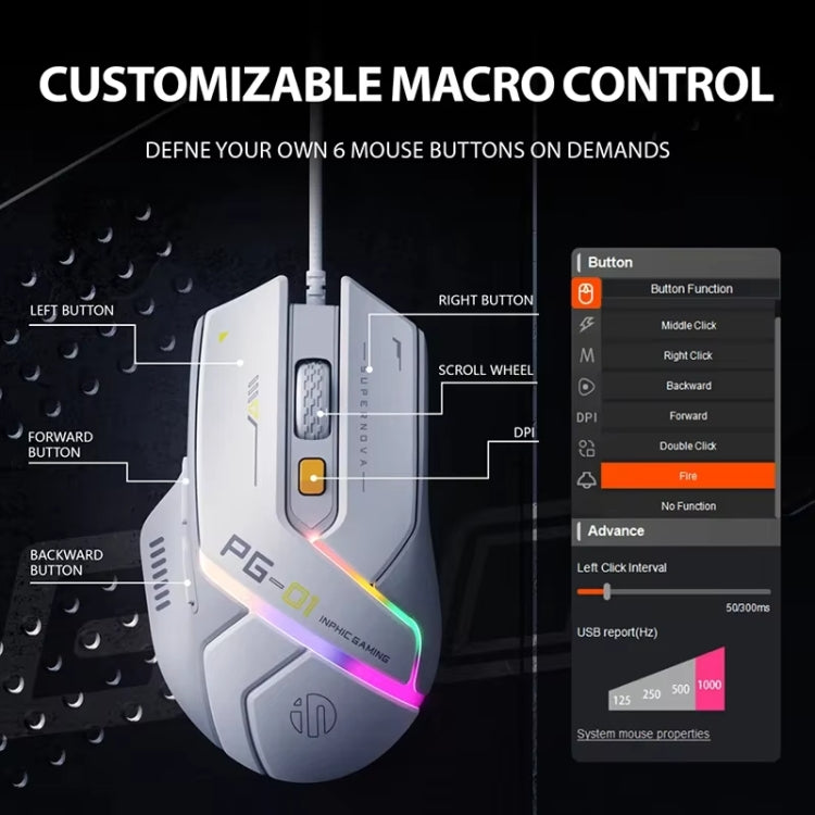 Inphic PG1 RGB Light Emitting Computer Gaming Wired Mouse - White