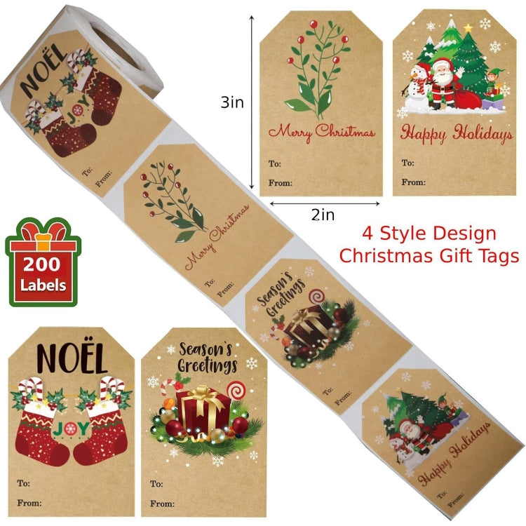 200pcs/Roll Christmas Decoration Stickers Holiday Gift Tag Tape - 75x50mm