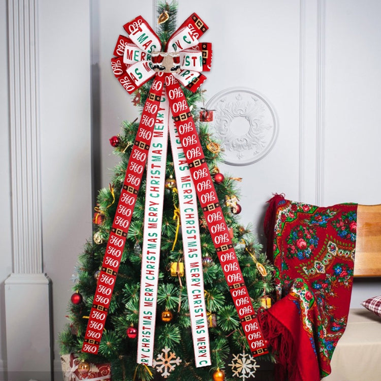 Christmas Tree Top Decoration Bow Imitation Linen Double-layer Bow Pendant - Red White Letters
