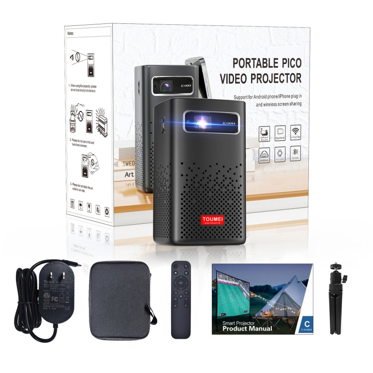 TOUMEI C900 Outdoor Portable Built-In Battery 4K HD Home Music Projector US Plug - Black