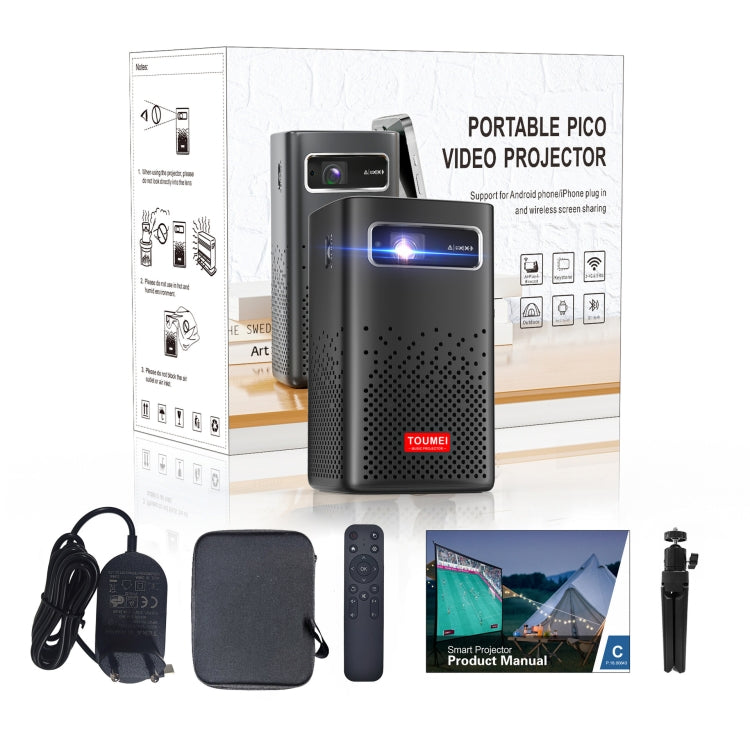 TOUMEI C900 Outdoor Portable Built-In Battery 4K HD Home Music Projector EU Plug - Black