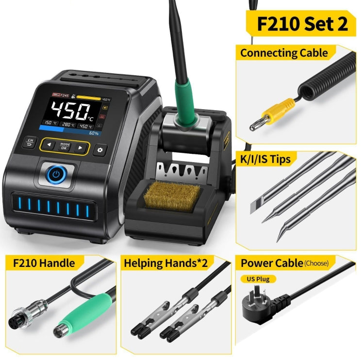 FNIRSI 200W Intelligent Constant Temperature Electric Soldering Iron Station, Set: US Plug F210 Upgrade 3 Heads