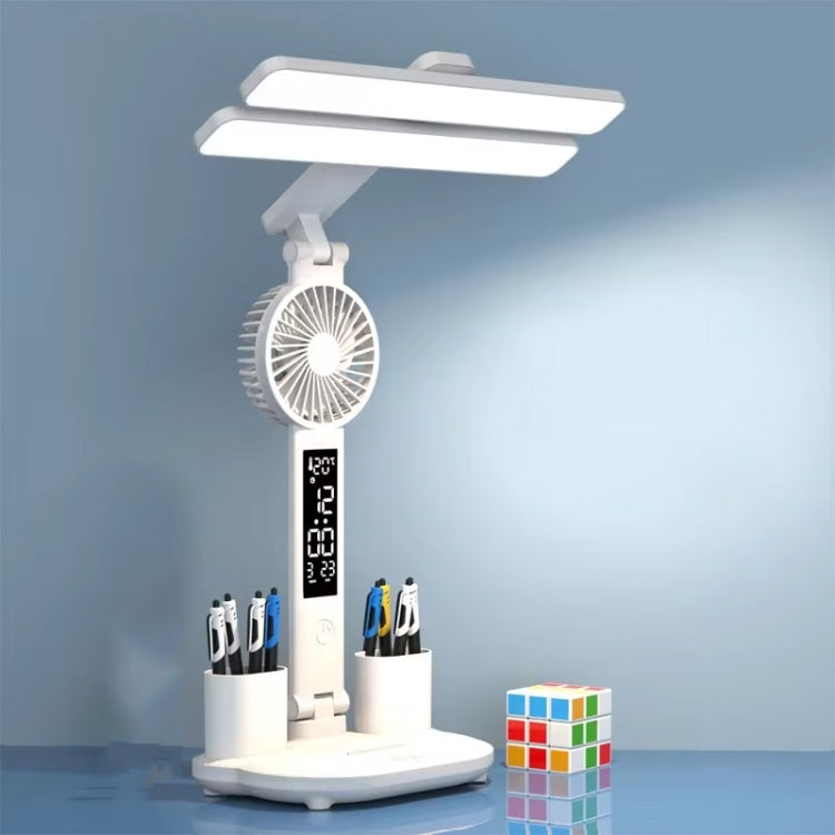 Double Head Horizontal Desk Lamp 3 Light Color Reading Lamp, Spec: Charging Fan Clock Model