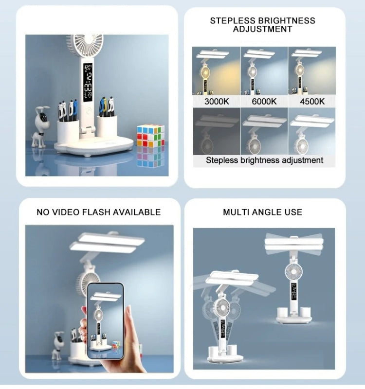 Double Head Horizontal Desk Lamp 3 Light Color Reading Lamp, Spec: Charging Fan Clock Model