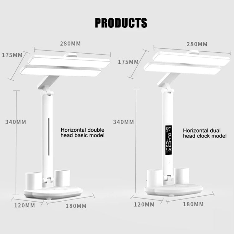 Double Head Horizontal Desk Lamp 3 Light Color Reading Lamp, Spec: Charging Clock Model