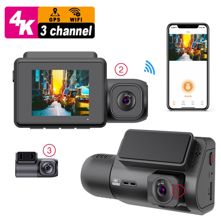 M700A 3 Channels Car Recorder 4K UHD Front+1080P Inside+2K Rear+GPS+WIFI Dash Cam - Black